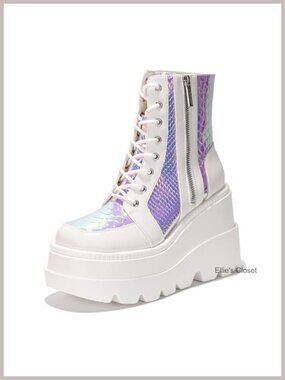 Women's Platform Ankle Boots Chunky Block Heel Holographic Snake PU Leather